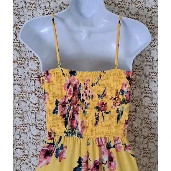 Xhilaration Jumpsuit L Yellow Floral Smocked Back Slit Wide Leg Adjustable Boho - Picture 4 of 14